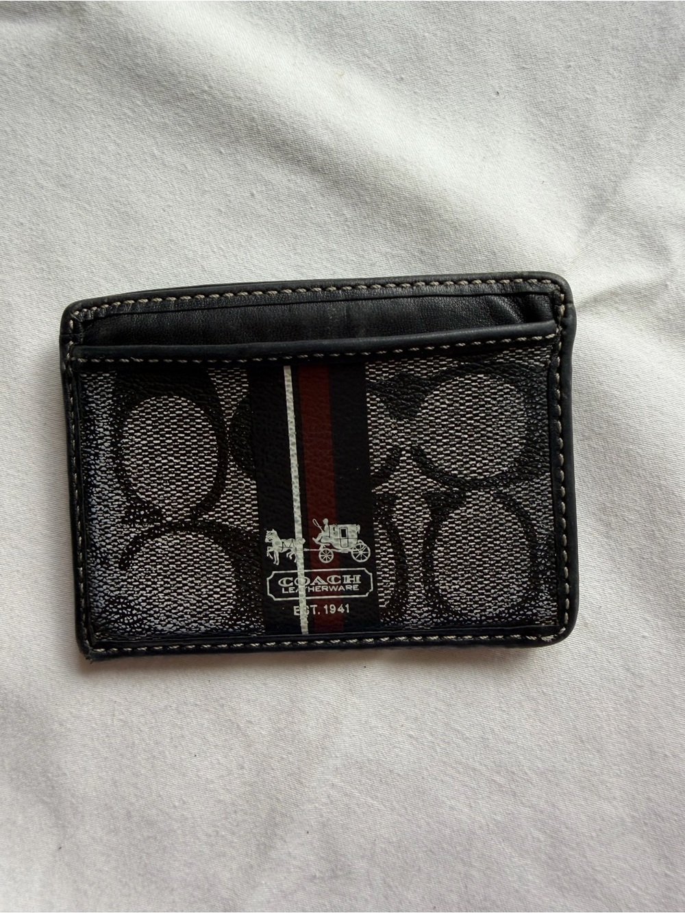 Coach Black Signature Card Case with Red and White Stripe